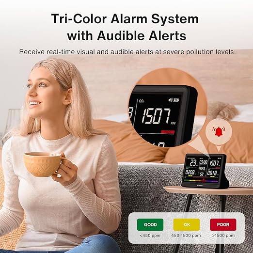 16 in 1 Air Quality Monitor Indoor 7" Display 9 AQI+7 AQI Alerts Air Quality Meter for CO2, TVOC, PM2.5, PM1.0, PM10, HCHO, Temperature, Humidity, AQI & Time, Air Detector Air Quality Tester for Home