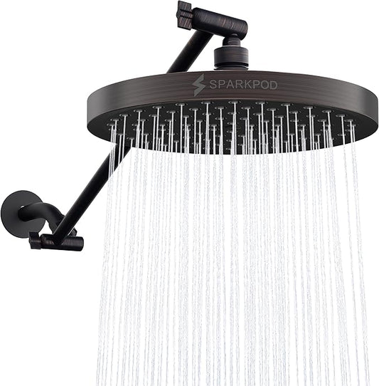 SparkPod Round Rain Shower Head with Extension Arm - Height Adjustable Shower Head with High Pressure Performance - Easy 1-Minute Installation (16" Arm Extension, Vintage Oil-Rubbed Bronze)