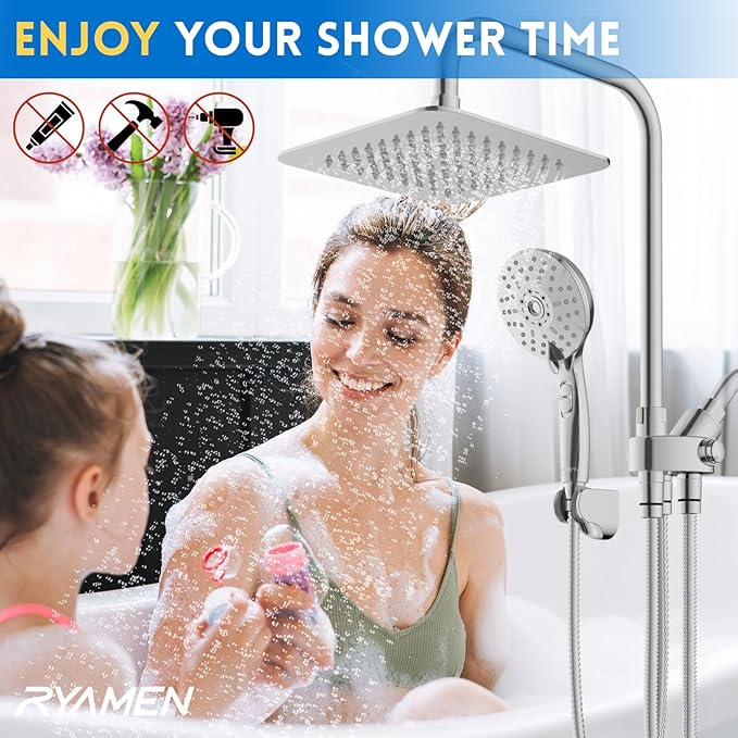 8" Dual Shower Head Combo, Rainfall Shower Head with Handheld, 6 Spray Settings Angle Adjustable Handheld Shower Head with Pause, Height Adjustable, Chrome Silver