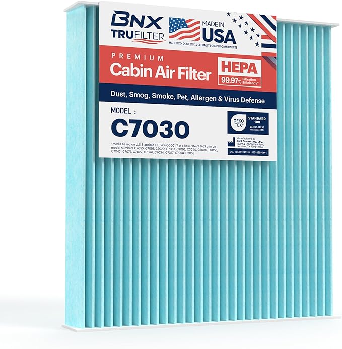 BNX TruFilter C7030 Cabin Air Filter, HEPA 99.97%, MADE IN USA, Compatible With Nissan: Altima, Maxima, Murano, Sentra; Infiniti: FX35, FX45, G35, G37, M45, Q45; Mitsubishi: Lancer, Outlander Sport