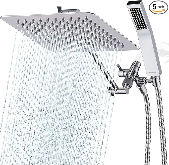 G-Promise All Metal 10" Dual Square Shower Head Combo | Rain Shower Head | Handheld Shower Wand | Adjustable | Smooth 3-Way Diverter | 71" Extra Long Hose - A Bathroom Upgrade (Chrome)