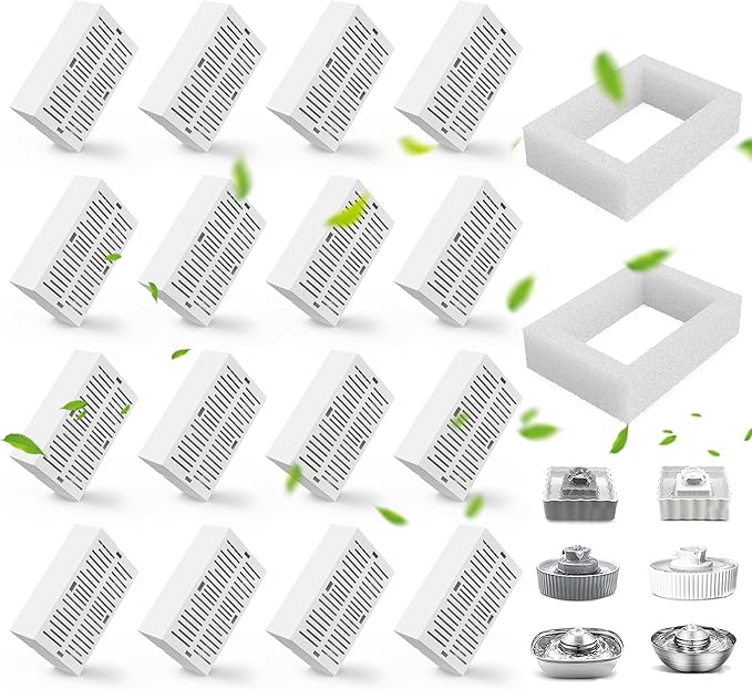 16 Pack Cat Fountain Filter Replacement, Triple Cupcake Cat Fountain Filters, 16 Pet Fountain Carbon Filters and 4 Foam Filters for Ceramic Cat Water Fountain