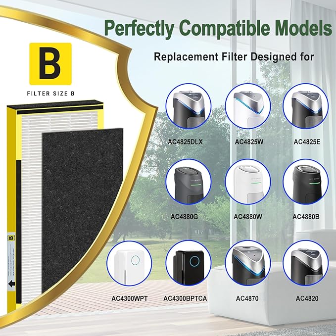 FLT4825 HEPA Filter B Replacement for GermGuardian AC4825E AC4300 AC4900 | 2 True H13 HEPA Filters + 8 Carbon Pre-Filters | 99.97% Allergen Removal, Easy Install, Multi-Room Use