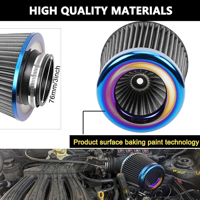 Cold Air Intake Filter, High Performance, Washable Filter, Clamp-On Replacement Air Filter, Flange Diameter 3inch/76mm Gray