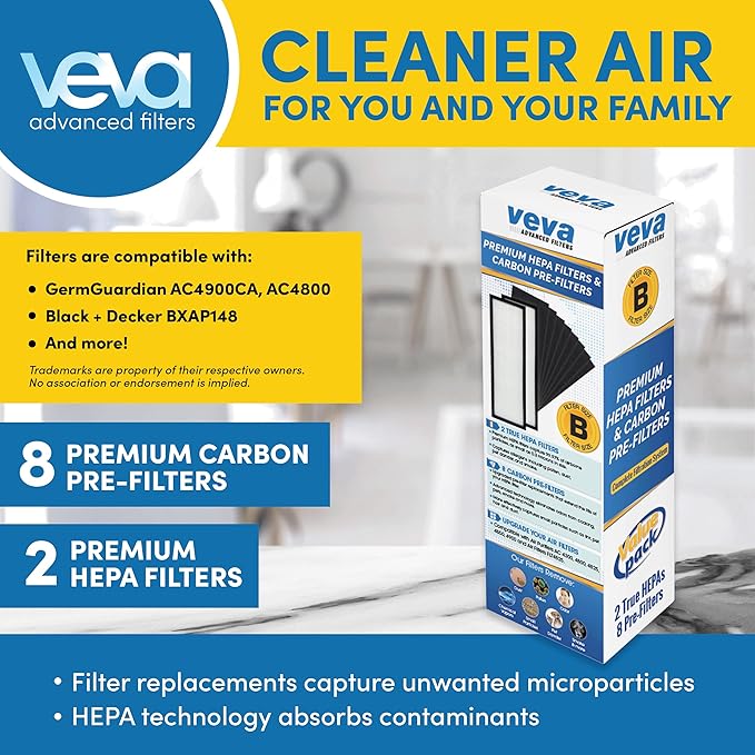 Veva HEPA Filter B Replacement, Compatible with Germ Guardian AC4825, AC4900CA, AC4850PT, AC4820 Air Purifier and FLT4825. Pack of 2 HEPA Filters / 8 Carbon Pre-Filters