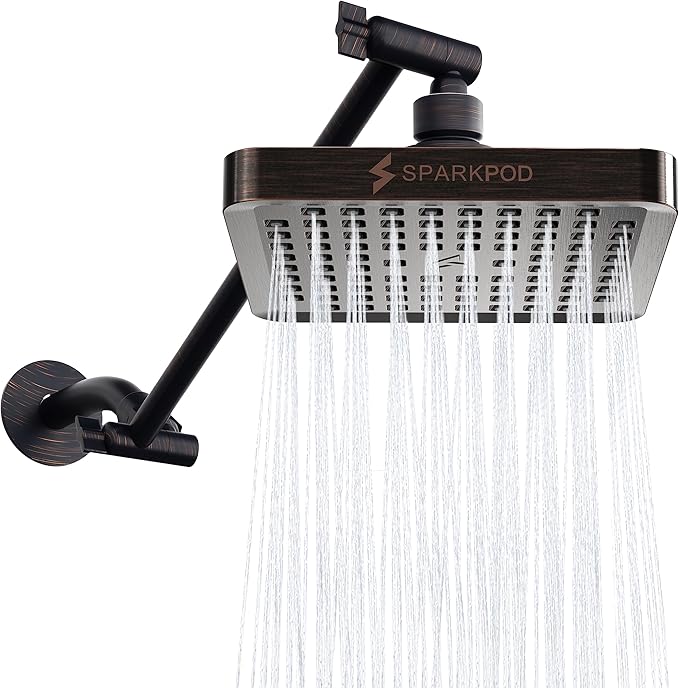 SparkPod Square Rain Shower Head with Extension Arm - Height Adjustable Shower Head with High Pressure Performance - Easy 1-Minute Installation (11" Arm Extension, Vintage Oil-Rubbed Bronze)