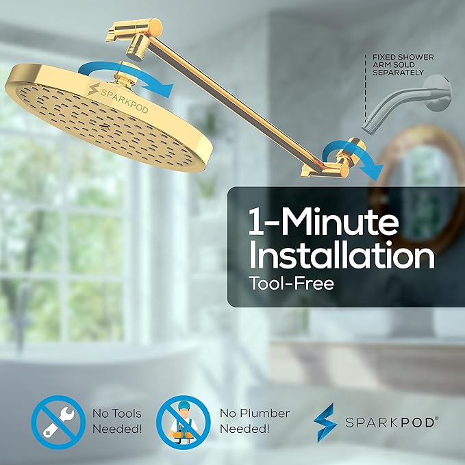 SparkPod Round Rain Shower Head with Extension Arm - Height Adjustable Shower Head with High Pressure Performance - Easy 1-Minute Installation (16" Arm Extension, Egyptian Gold)