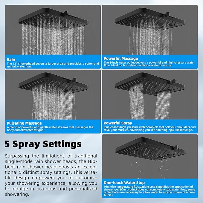 Hibbent Upgraded 5-spray 13'' Dual Filtered Rainfall Shower Head Combo, High Pressure 10-setting Handheld Shower Head with 12'' Adjustable Extension Arm, 20 Stage Shower Filter, 71'' Hose, Matte Black