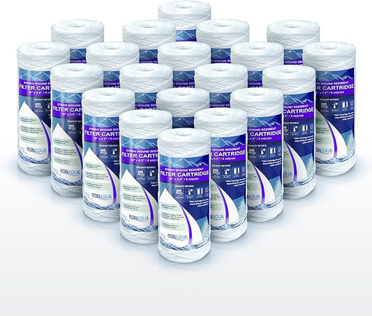 High Capacity Wound String 5 Micron Sediment Water Filter Cartridge 10” x 4.5” Removes Sand, Dirt, Silt, Rust, Extended Filter Life Compatible with 355215-45, 84637, PC10, WP1097P, WPX597P (20 Pack)
