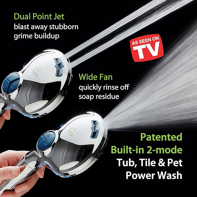 AquaCare High Pressure 6-way Dual Shower Head Combo with Built-in Filter & Power Wash - Clean Tub, Tile & Pets. Remove Chlorine, Lead & Toxins from Water to Protect Skin, Hair, & Nails. Chrome Finish