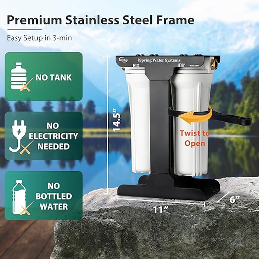 iSpring CW21-BV 2-Stage RV Water Filtration System for Campers, SGS-Tested Báctérïa and Viruses Removal, BPA-Free, High Capacity, 3/4'' Lead-Free Brass Hose Quick Connectors, Tankless