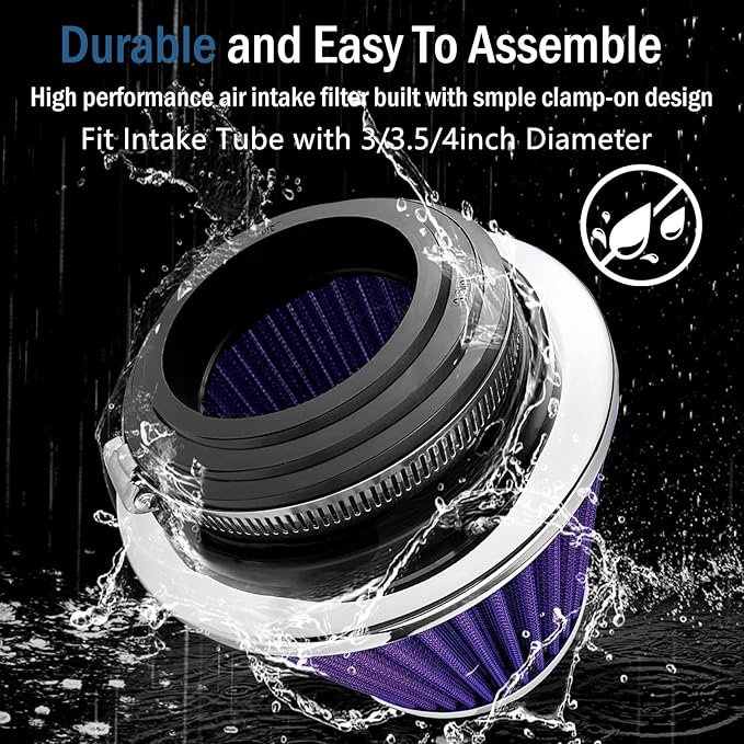Universal Clamp-On Air Intake Filter, Fit Intake Tube with 3/3.5/4in Diameter, High Performance, Washable Filter, Replacement Air Filter, Flange Diameter 3inch/76mm (Purple)