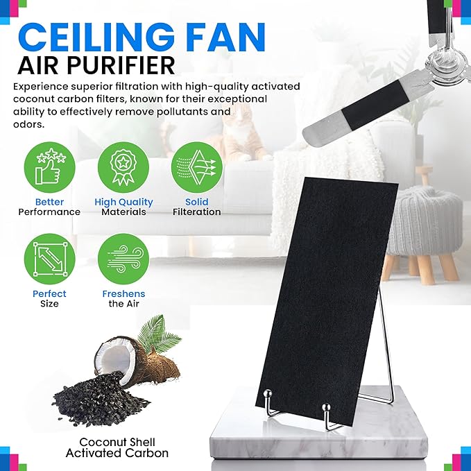 Ceiling Fan Filters for Blades - Coconut Shell Activated Carbon Unscented Dust Catcher Ceiling Fan Filter - Easy Peel & Stick on Fans - Blade Air Purifier Pads Removes Odors & Freshens the Air (3-Pcs)