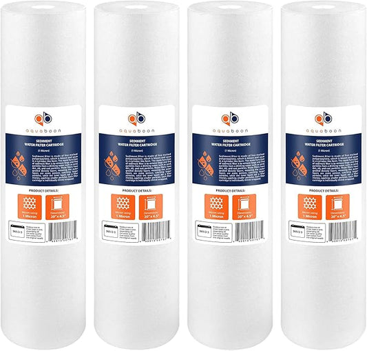 Aquaboon 1 Micron 20" Sediment Water Filter Replacement Cartridge | Whole House Sediment Filtration | Compatible with AP810-2, SDC-45-2005, FPMB5-20, P5-20, FP25B, 155358-43, 4 Pack
