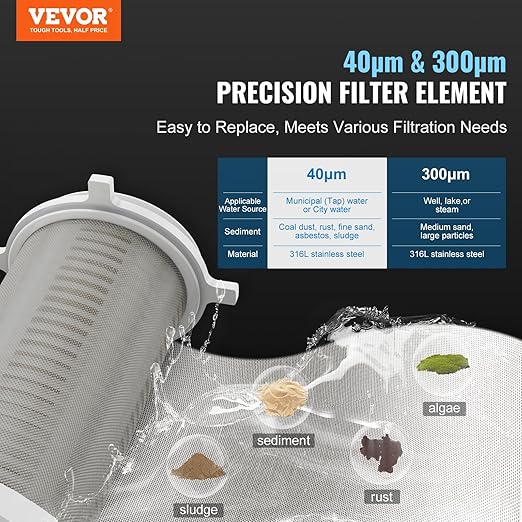 VEVOR 40/300 Micron Sediment Filter, 20GPM Spin Down Water Filter, Reusable Upgrade Flushable Pre-Filtration, Whole House Sediment Filter for Well/City Water, Brass Head, 3/4" FNPT + 1" MNPT