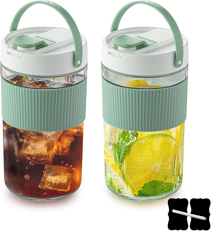2-Pack Glass Mason Jar Water Pitcher with Lids, 54FL OZ (1600ML) - Large Wide Mouth, Pour Spout & Handle for Cold Brew Tea, Iced Coffee & Cold Drinks - Ideal for Refrigerators & Kitchens