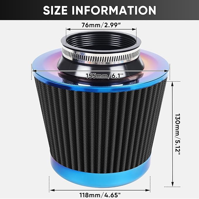 Universal Cold Air Intake Filter Clamp-On Replacement Air Filter Flange Diameter 3 inches/76mm High Performance Washable Filter Black