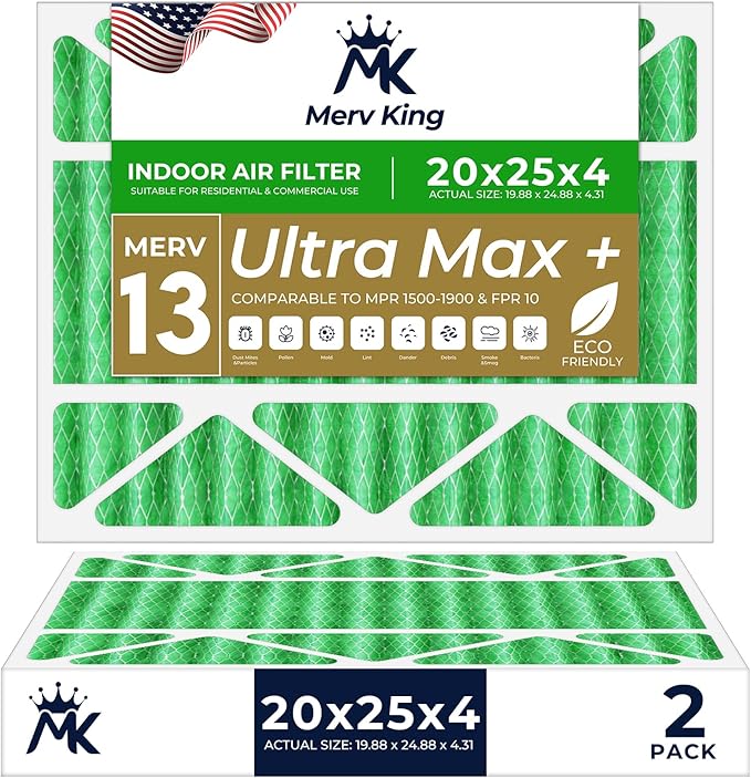 MervKing 20x25x4 Air Filter Actual Size: 19.88" x 24.88" x 4.31" MERV 13 MPR 1500-1900 | MADE IN USA | 2-Pack | Pleated HVAC AC Furnace Replacement