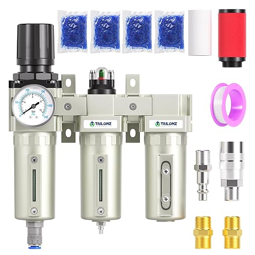 TAILONZ PNEUMATIC 0-240PSI 1/2 Inch NPT Grade Three Stage Industrial Air Drying System, Particulate Filter, Coalescing Filter, Desiccant Dryer and Air Regulator (Automatic Drainage）