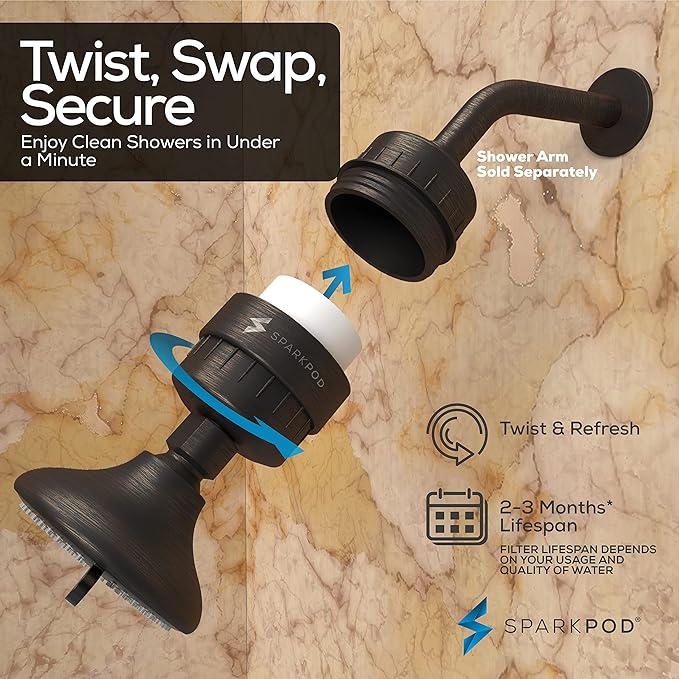 SparkPod 23-Stage Filtered Shower Head with 3 Spray Settings - High Pressure Shower Head with Filters for Dry Hair and Skin - Showerhead with Filter Reduces Chlorine & Heavy Metals (Oil-Rubbed Bronze)