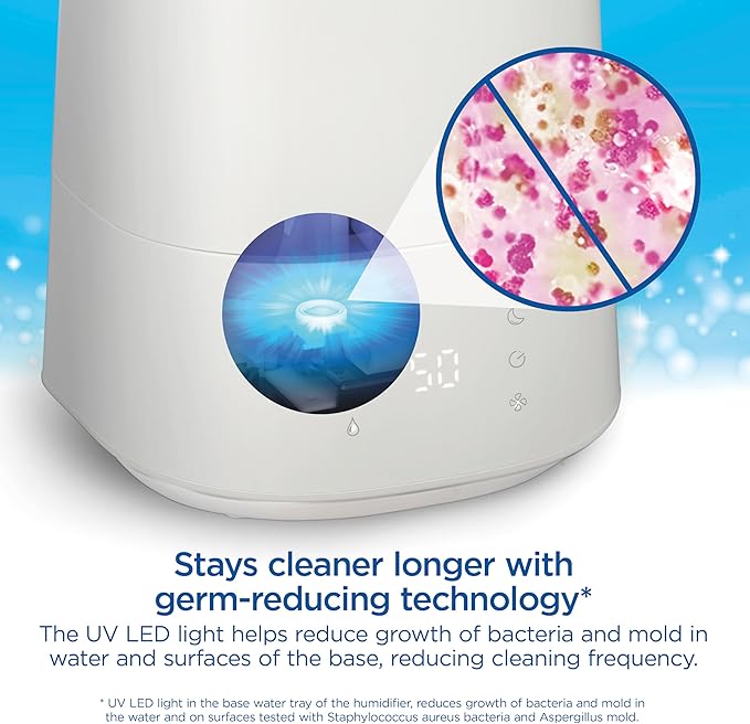Clorox Air Humidifier for BedRoom with UV LED Light to Reduce Germs and Bacteria, Whisper Quiet, 4L Water Tank for up to 40 Hours of Continuous Steam, Ultra Clean Cool Mist, White (11080)