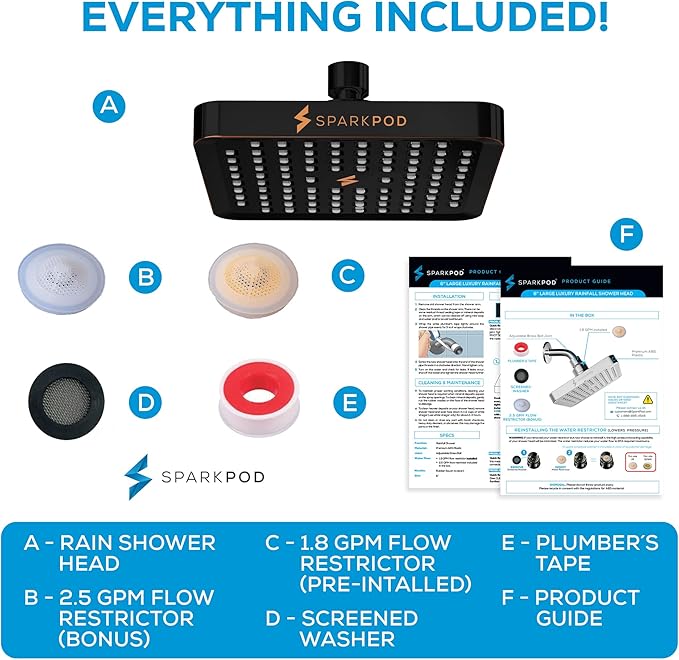 SparkPod Shower Head - High Pressure Rain - Premium Quality Luxury Design - 1-Min Install - Easy Clean Adjustable Replacement for Your Bathroom Shower Heads (Vintage Oil Rubbed Bronze, 6 Inch Square)