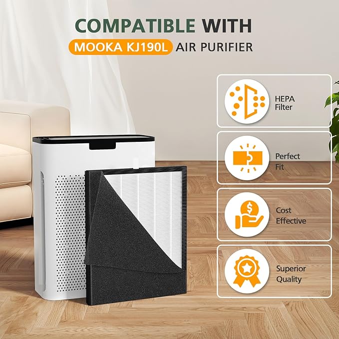 2 Pack KJ190L Filter Replacement for MOOKA KJ190L Air Puri-fier for Home Large Room 2200 Ft², 3 Stage Filtration for Smoke Dust Pollen Pets Hair Dander Odor, 2 HEPA Filters and 4 Washable Pre-Filters
