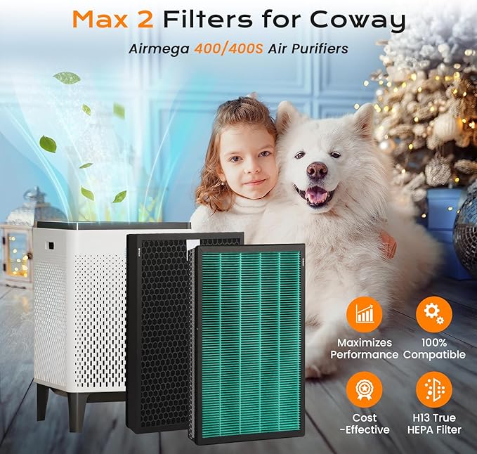 4 Pack 400 400S Replacement Filter for Coway Airmega Max2 400 400S 400(G) 400S(G) Air Purifier, Max2 Green H13 True Hepa and Active Carbon Filter, AP-2015-FP