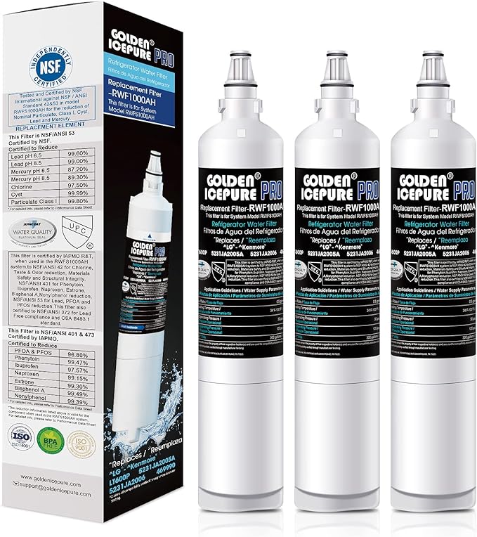 GOLDEN ICEPURE RWF1000A Replacement For 5231JA2005A, LG LT600P, 469990, WF300, FML-2, 5231JA2006B, LFX25961SB, LSC27931ST, LFX25971ST, LRSC26925TT, LSC27990TT 3PACK