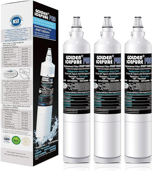 GOLDEN ICEPURE RWF1000A Replacement For 5231JA2005A, LG LT600P, 469990, WF300, FML-2, 5231JA2006B, LFX25961SB, LSC27931ST, LFX25971ST, LRSC26925TT, LSC27990TT 3PACK