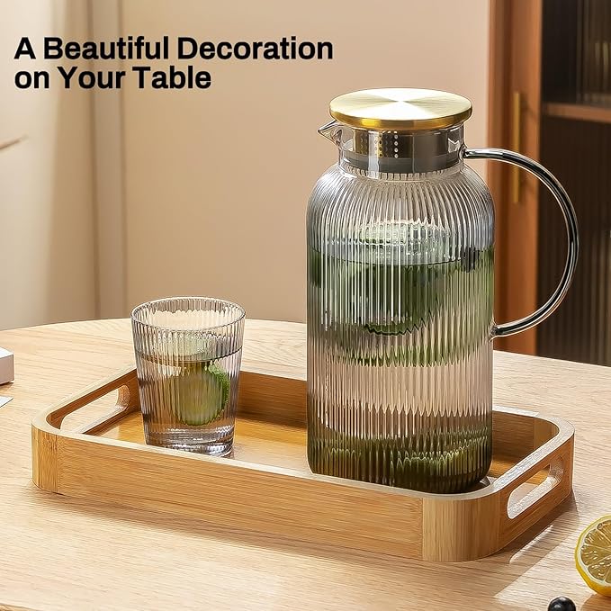 2 PACK Glass Pitcher with Lid, 68 oz/ 2 Liter Gray Classic Vertical Stripes Water Pitcher,Glass Water Carafe for Cold Brew, Coffee, Lemonade, Iced Tea,Beverage, Heat Resistant Water Glass Jug