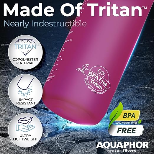 Nakii Filtered Water Bottle, Leakproof, BPA-Free, Motivational Markings, Travel, Everyday Use. 40-Gallon Filter, Replaces 300 Plastic Water Bottles. Includes 1 Filter, 22 FL Oz, Pink by Aquaphor