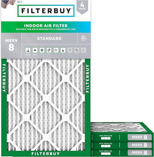 Filterbuy 8x20x1 Air Filter MERV 8 (MPR 700) Dust Defense Replacement (4-Pack), Electrostatic Pleated HVAC AC Furnace Filters, Made in USA (Actual Size: 8.00 x 20.00 x 0.75)
