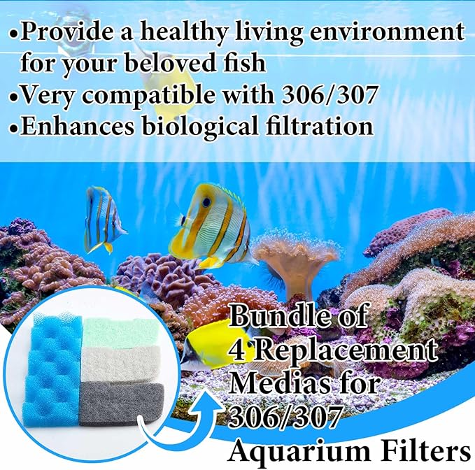 40 Pcs Replacement Filter Media Kit Compatible with Fluval 306/307, Aquarium Filters Set Including 4 Biological Foams, 36 Ammonia/Phosphate/Nitrite Remover