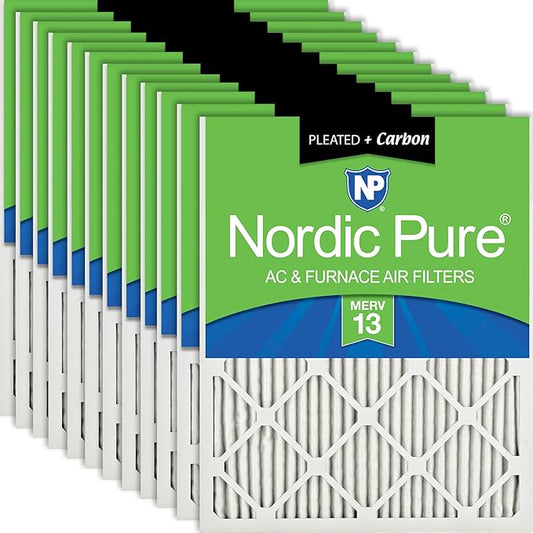 Nordic Pure 16x20x1 (15 1/2 x 19 1/2 x 3/4) Pleated Air Filters MERV 13 Plus Carbon 12 Pack