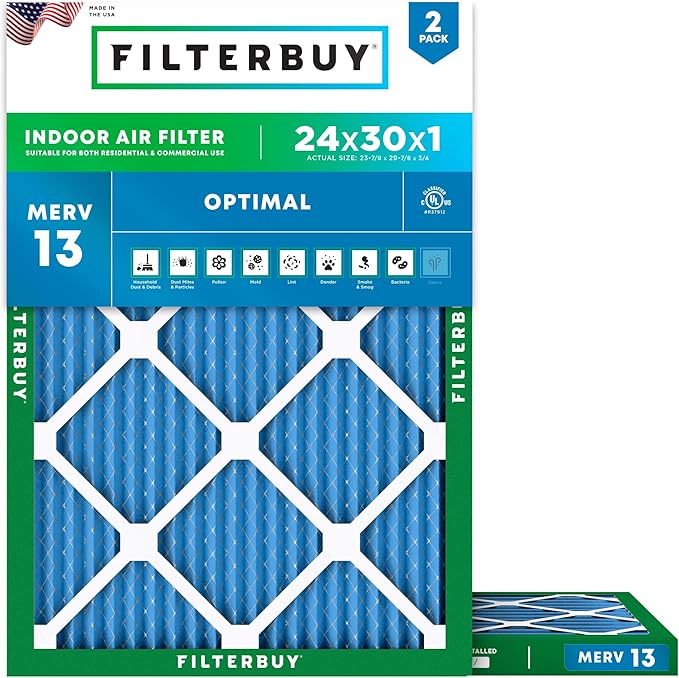 Filterbuy 24x30x1 Air Filter MERV 13 (MPR 1900) Health Defense Replacement (2-Pack), Electrostatic Pleated HVAC AC Furnace Filters, Made in USA (Actual Size: 23.88 x 29.88 x 0.75)