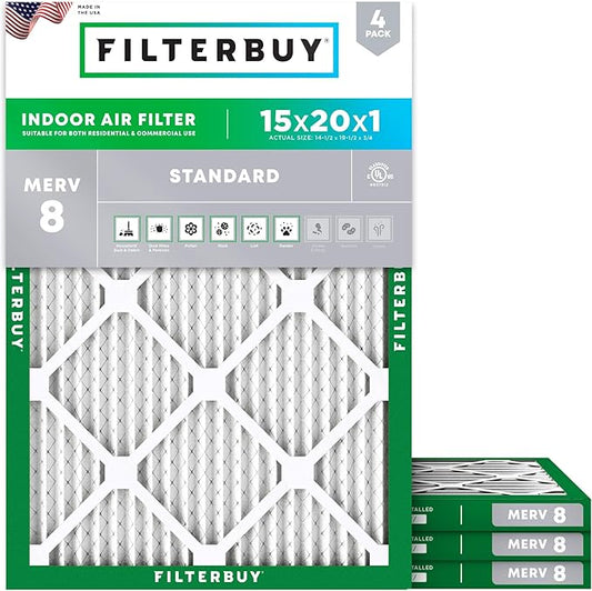 Filterbuy 15x20x1 Air Filter MERV 8 (MPR 700) Dust Defense Replacement (4-Pack), Electrostatic Pleated HVAC AC Furnace Filters, Made in USA (Actual Size: 14.50 x 19.50 x 0.75)