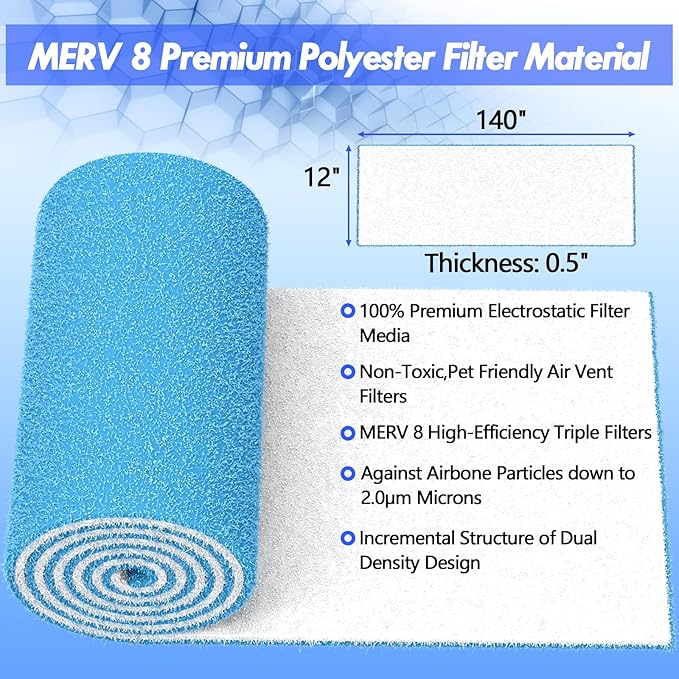 Air Vent Filter Kit - 12" x 140" Cut to Fit Air Filter Materials MERV 8 Electrostatic Media Roll for Home Floor, Ceiling, AC, HVAC, RVC Furnace Vents, With 48PCs Adhesive Hook Tape