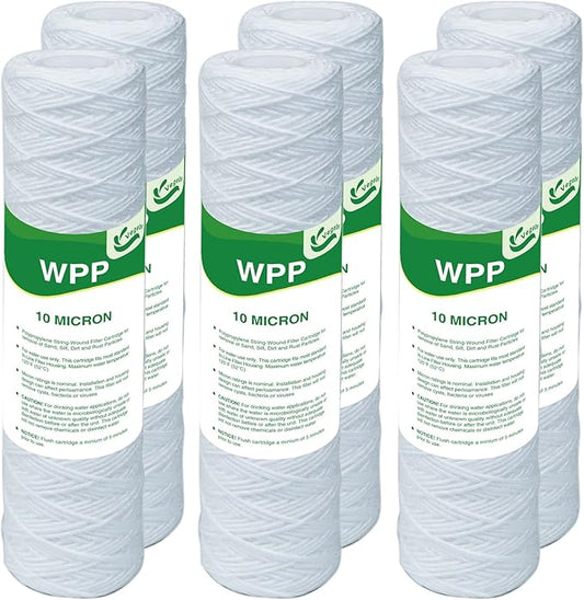 10 Micron String Wound Whole House Water Filter 10" x 2.5", 10-inch Universal Sediment Pre-Filters for Well Water, Replacement Cartridge for FXWSC, CW-F, CW-MF, 1SS, W5W, AO-WH-PRE-R2, 6-Pack