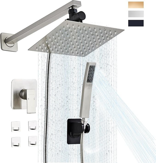 Shower Head Combo, 8 Inch Rain Shower Head with Handheld High Pressure Rainfall Shower Heads System, 15 Inch Shower Adjustable Extension Arm, Brushed Nickel