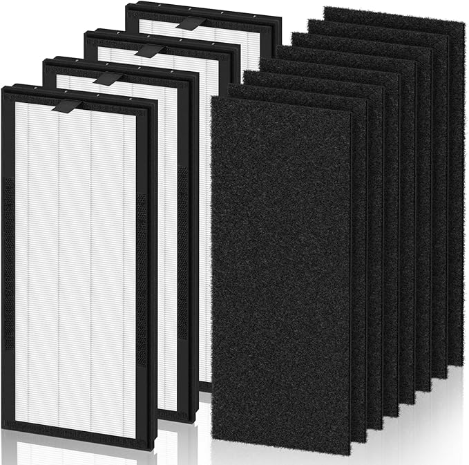 HEPA Replacement Filter for VEVA 8000 Elite Pro Series Air Purifier, 4 HEPA Filters & 8 Premium Activated Carbon Pre Filters (2+ Year Supply) for Complete Tower Air Cleaner Home & Office