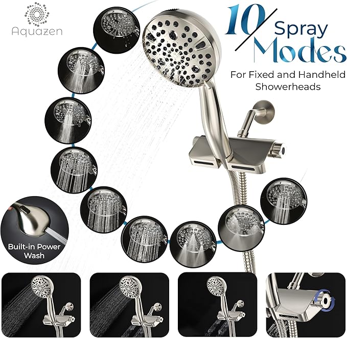 AQUAZEN® Filtered Shower Head with 8-Layer Handheld Filter | High Pressure | 10 Spray Modes | US Standard | Premium Brushed Nickel Finish | 5ft Hose | Easy Install