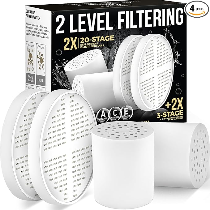 AquaHomeGroup 20-Stage Shower Filter Replacement Cartridge & Vitamin C + E + A Cartridges (2-Pack, No Housing) - Improve Shower Water Quality and Promote Healthier Skin and Hair