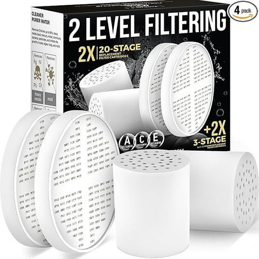 AquaHomeGroup 20-Stage Shower Filter Replacement Cartridge & Vitamin C + E + A Cartridges (2-Pack, No Housing) - Improve Shower Water Quality and Promote Healthier Skin and Hair