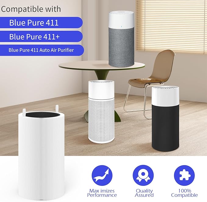 4 Packs 411 Replacement Filter Compatible with Blue Pure 411, 411+, 411 Auto & Mini with 6pcs Outer Cloth Pre-Filter Cover
