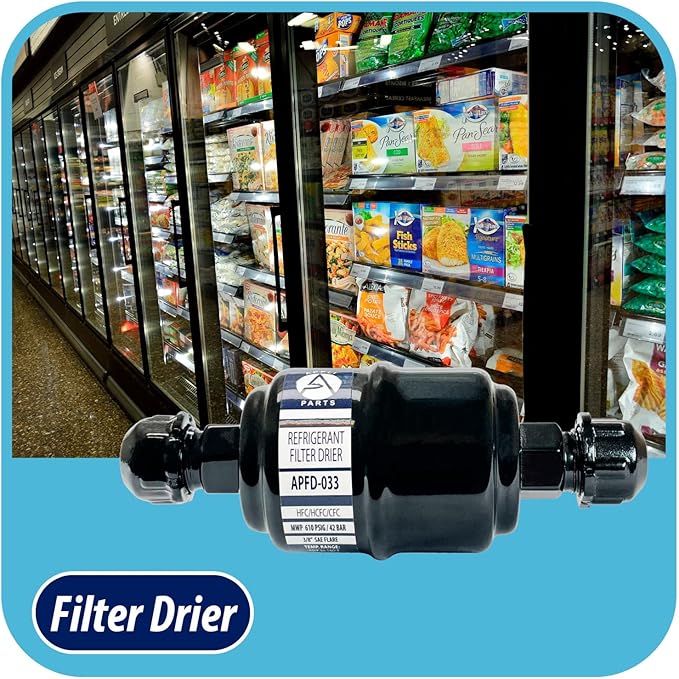 Appli Parts APFD-033 3/8 in Liquid Line Refrigerant AC Filter Drier hvac Refrigeration 033 SAE Flare connection universal unidirectional 4-1/2 in long 1-3/4 in wide