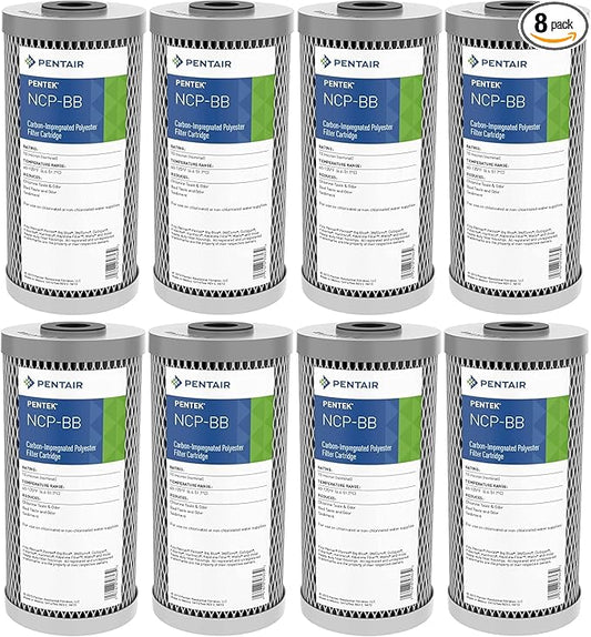 Pentair Pentek NCP-BB Big Blue Carbon Water Filter, 10-Inch, Whole House Non-Cellulose Carbon Impregnated Pleated Filter Cartridge, 10" x 4.5", Pack of 8, Gray