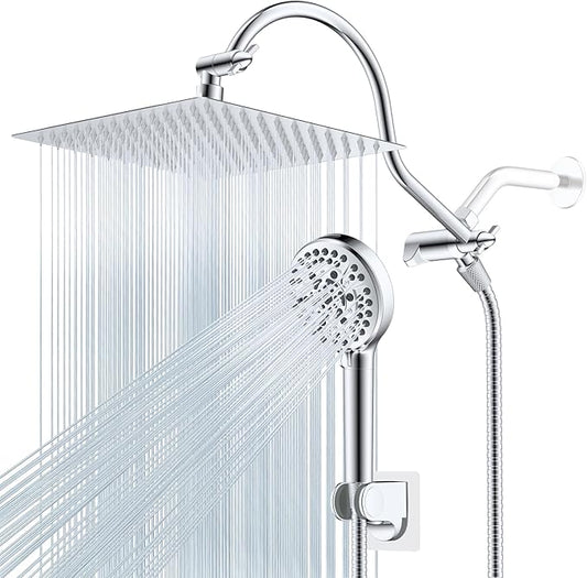 Hibbent 12'' All Metal Shower Head, High Pressure Rainfall Shower Head, Handheld Showerhead Combo, 12'' Adjustable Curved Shower Extension Arm, 10-Spray, 71'' Hose, Adhesive Showerhead Holder, Chrome