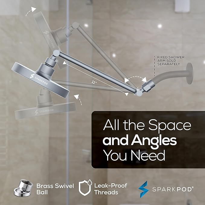SparkPod Round Rain Shower Head with Extension Arm - Height Adjustable Shower Head with High Pressure Performance - Easy 1-Minute Installation (11" Arm Extension, Titanium Charcoal Grey)