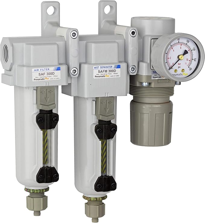 PneumaticPlus SAU330-N03G-MEP Three Stage Compressed Air Drying System - Particulate Air Filter, Coalescing Filter, Air Pressure Regulator Combo 3/8" NPT - Metal Bowl, Manual Drain, Gauge